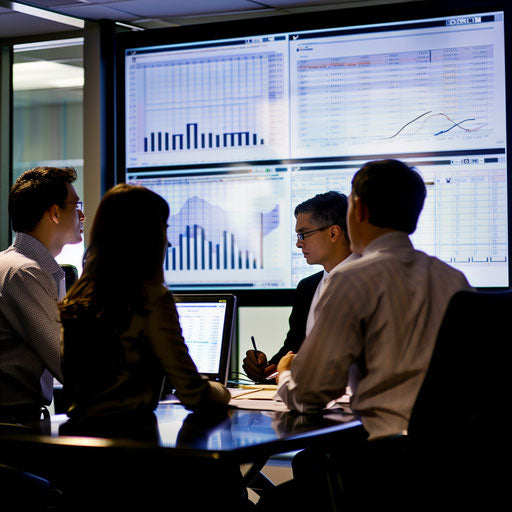 Strategy meeting with financial projections on a large screen