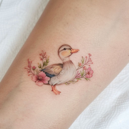 Duck tattoo with delicate flowers and soft pastel colors on white background