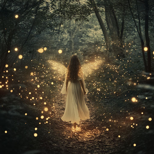 Christmas angel in forest with glowing fireflies