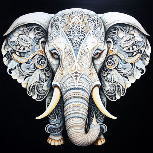 Elegant elephant with intricate black and white designs