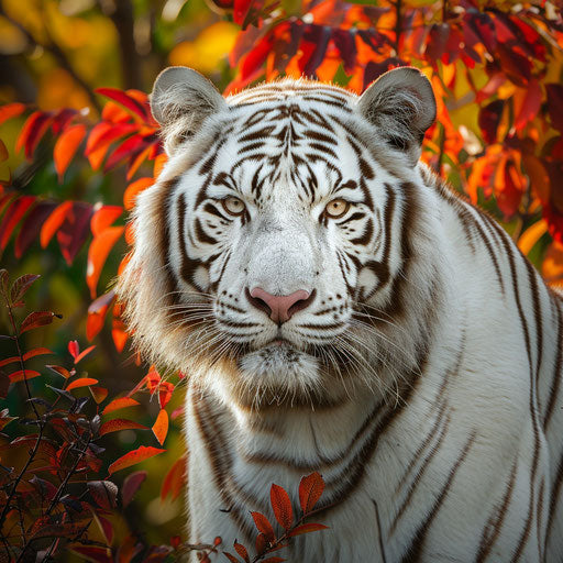The contrasting beauty of a white tiger against the vibrant autumn colors in a temperate forest habitat.