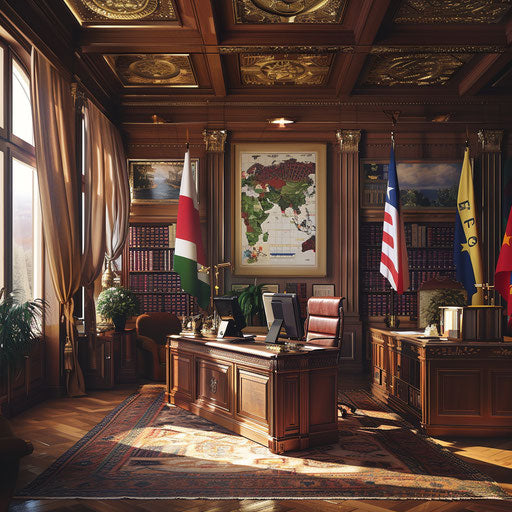 Diplomat's office with flags and artifacts