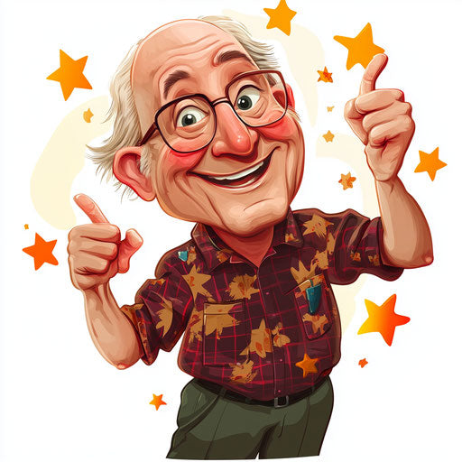 Humorous caricature of grandparents with exaggerated human characteristics, rosy cheeks, expressive hands, surrounded by stars, vibrant colors, cartoon style, pointing