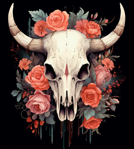 Bull skull with feathers and roses, coralpunk, techno shamanism