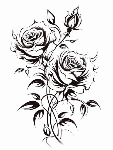 Roses on a design for tattoos, on white background, whimsical doodles style, multilayered dimensions