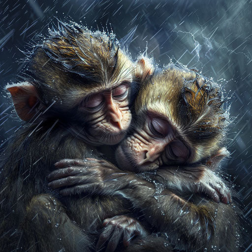Monkeys huddle in storm