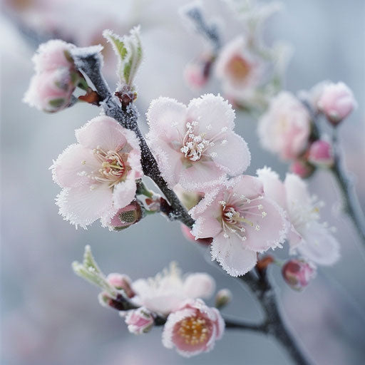 Nature's contrast: delicate frost on early spring blooms