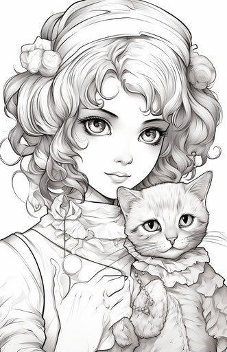 Girl with cat and charming anime line drawing, 11:17