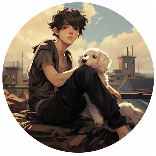 Round sticker with boy and pet dog on the roof