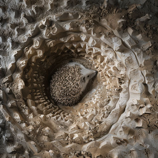 Aerial view of a hedgehog's home, intricate burrow design