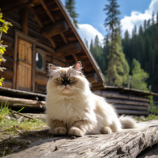 Himalayan cat sitting in front of a log cabin