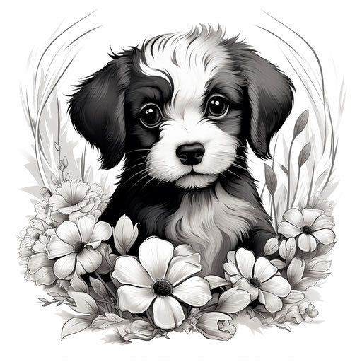 Black and white painting of a puppy and flowers