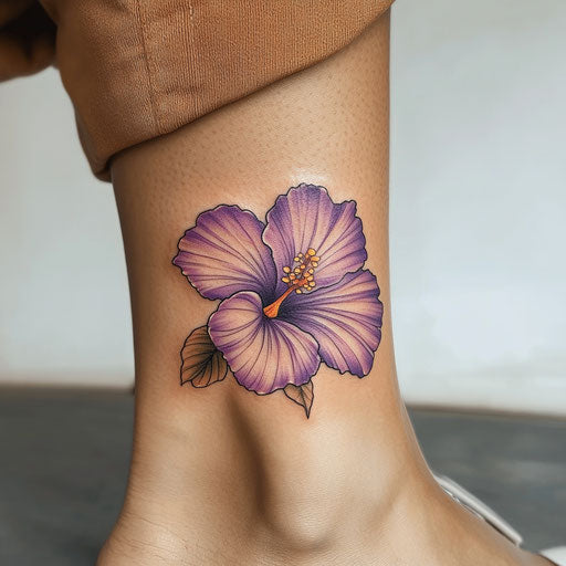 Hibiscus flower tattoo on a Pure White Background in Guy Aitchison style on an ankle