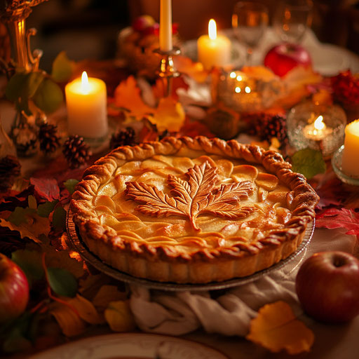 Fresh apple pie with leaf-shaped crust on autumn table