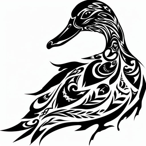 Tribal duck tattoo design with bold lines on pure white background
