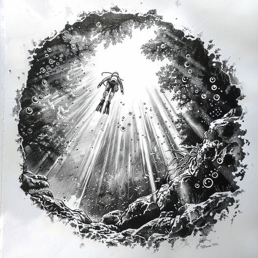 Underwater cave exploration with ocean tattoo design