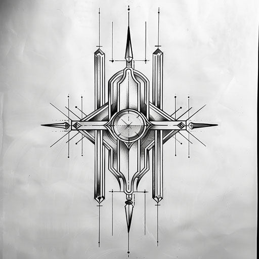 Flat tattoo design inspired by Art deco with Cruz framed by elegant symmetrical lines