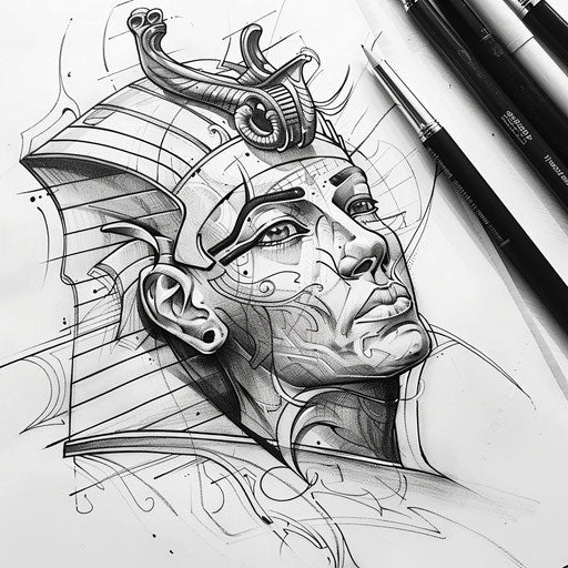 Flat tattoo sketch of a pharaoh with an Art Nouveau twist