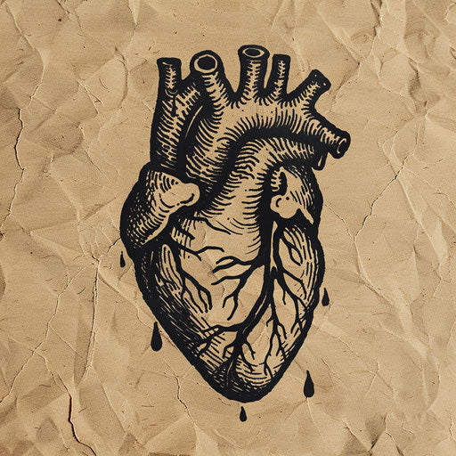 Rustic flat tattoo sketch of a crying heart with woodcut style textures