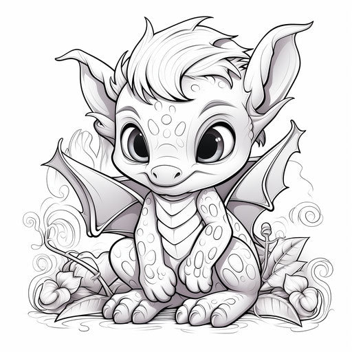 Baby dragon coloring page in the style of Anne Stokes, Stephen Darbishire, Skottie Young, rounded, shimmering, eye-catching