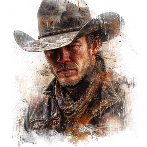 Realistic cowboy illustration on white background, delicate textures