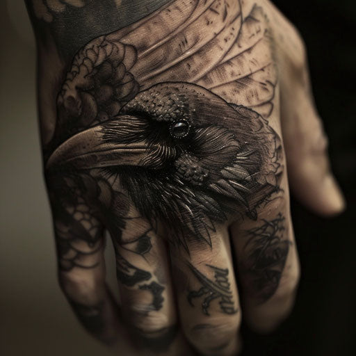 Tiny raven hand tattoos in Adrian Smith's style