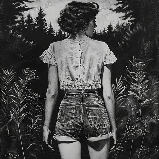 Vintage 1950s-style high-waisted shorts, etching technique in black and white.