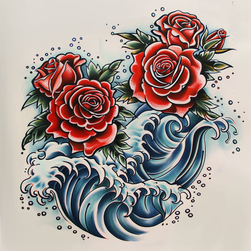 Traditional Cancer tattoo with roses and waves on white canvas.
