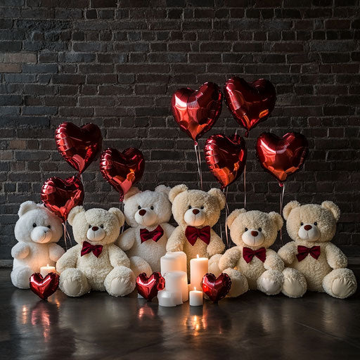 Teddy bears with heart balloons in a romantic setting