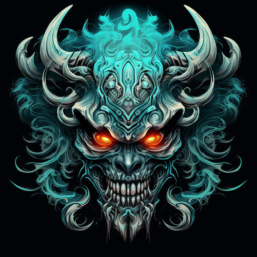 Demon head cartoon, vector illustration, light silver and turquoise