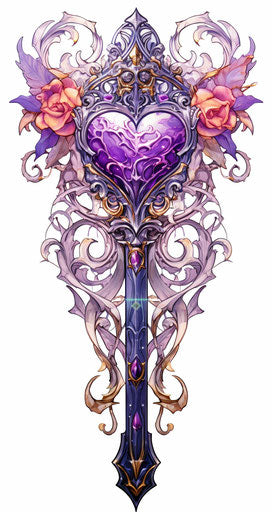 Sword with purple hearts, jousting tattoo design, stained glass style