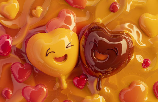 Cartoon love with chocolate and heart emoticon with smiling faces