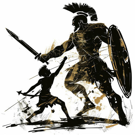 Flat tattoo sketch of David and Goliath, dynamic