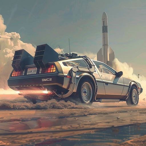 DeLorean DMC-12 equipped for space travel, futuristic launch