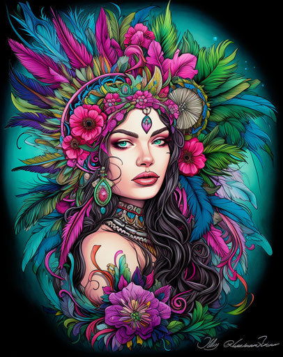 Black haired green feather lady boho style ink drawing