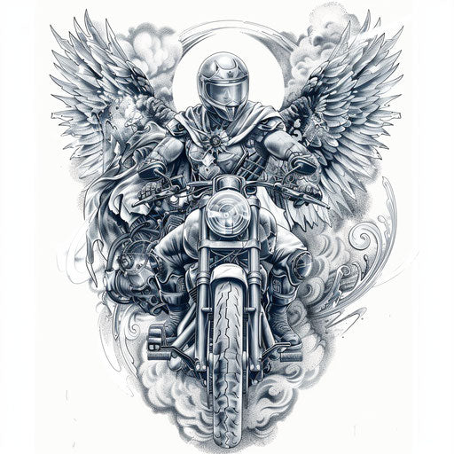 Biomechanical tattoo: Archangel Michael and mechanical motorcycle