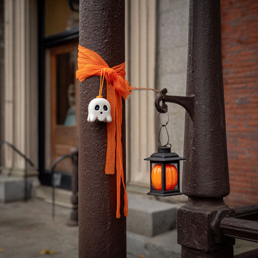Wooden Post with Orange Ribbon and Glowing Lantern