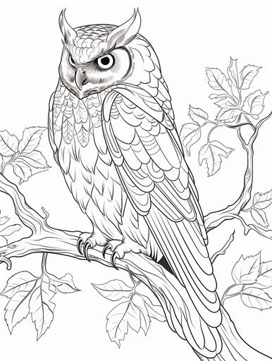 Owl on branch, coloring page precisionist art style