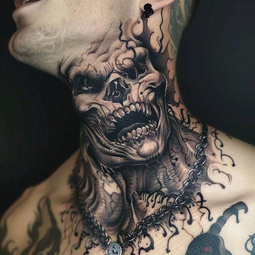 Men's neck tattoo with eerie demonic faces