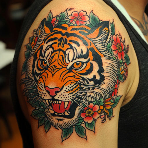 Japanese tiger tattoo with an old-school aesthetic and vibrant hues