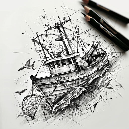 Classic sketch of a fishing boat with a detailed net and catch