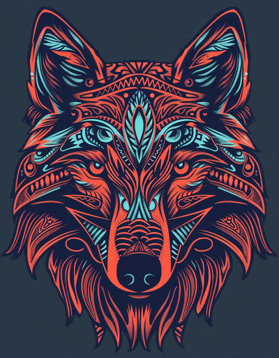 Tribal animal face of a wolf with patterns, in the style of light crimson and azure, vibrant illustrations 59:76