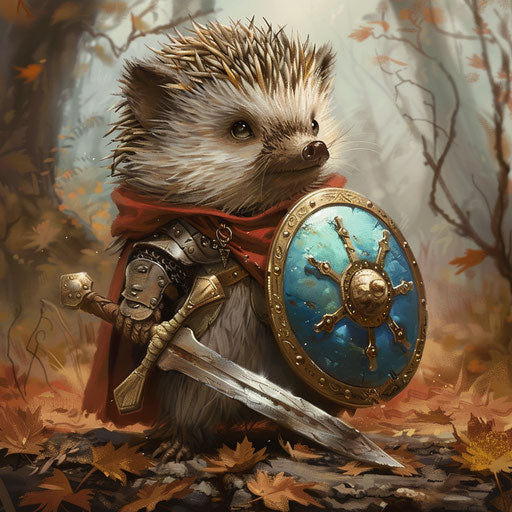Whimsical hedgehog dressed as tiny knight