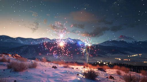 Fireworks over a Snow Covered Pikes Peak, Cinematic Ultra-Wide Angle Photography
