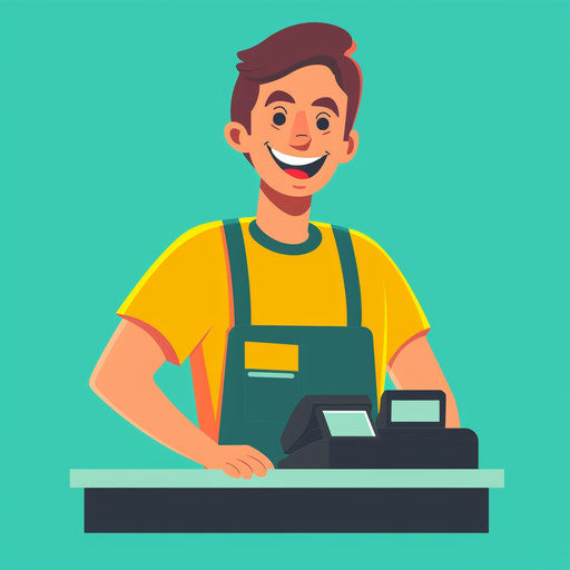 Cashier clipart in photo realistic style on a flat turquoise background