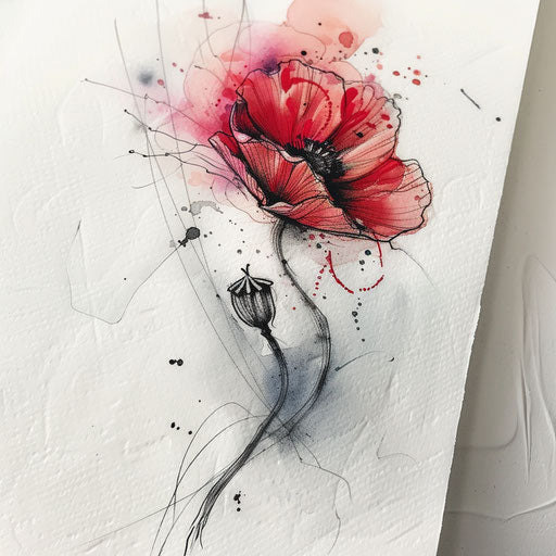 Sketch of delicate poppy tattoo with watercolor effects