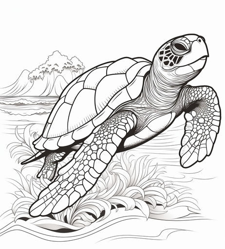 Black and white turtle coloring page in the style of nature-inspired