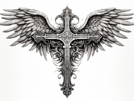 Winged cross in silver and black on white background