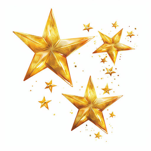 Three golden yellow stars on white background, inspired by Naoko Takeuchi