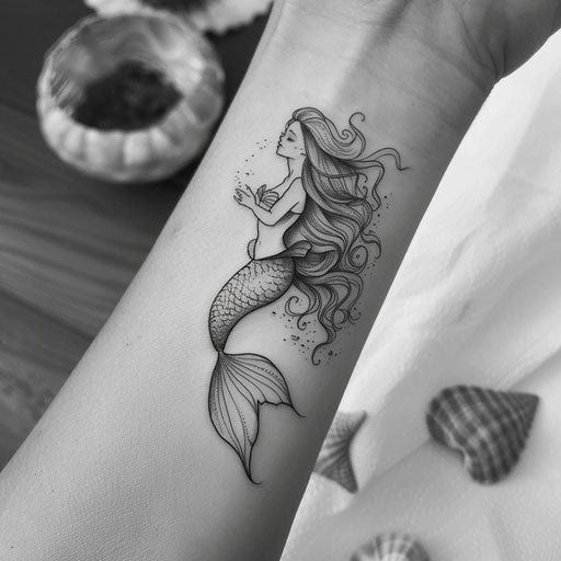 Sketch of a beautiful mermaid with flowing hair and seashells for wrist coverup tattoo for women